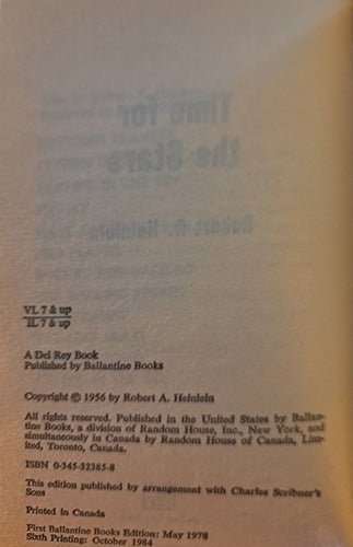 A close-up of a book's printed interior page showing publication details, including 'A Del Ray Book', 'Published by Ballantine Books', copyright information, ISBN numbers, and printing locations on aged beige paper.