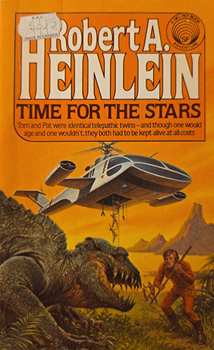 Vintage paperback book cover for 'Time for the Stars' by Robert A. Heinlein, featuring an orange-yellow sci-fi landscape with a futuristic hovering spacecraft, a large dinosaur-like creature, and a human figure in the foreground.