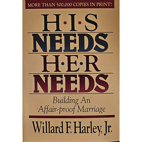 Alt description for the book cover: "Cover of 'His Needs, Her Needs: Building an Affair-Proof Marriage' by Willard F. Harley Jr. The design features a harmonious blend of warm colors, with an image of a loving couple holding hands, symbolizing connection and unity. The title is prominently displayed, conveying the book’s focus on relationship strengthening."