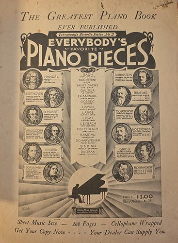 Back cover of early 20th-century sheet music showing illustrated advertisement for “Everybody’s Favorite Piano Pieces”