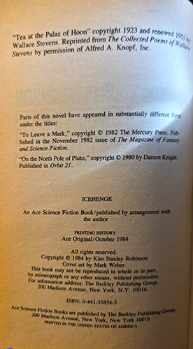 A close-up of a book's printed copyright and title page, showing the title 'Ichengen' and publisher details for Ace Science Fiction on aged beige paper.