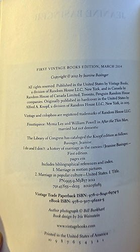 Copyright page of I Do and I Don’t by Jeanine Basinger, First Vintage Books Edition, 2014