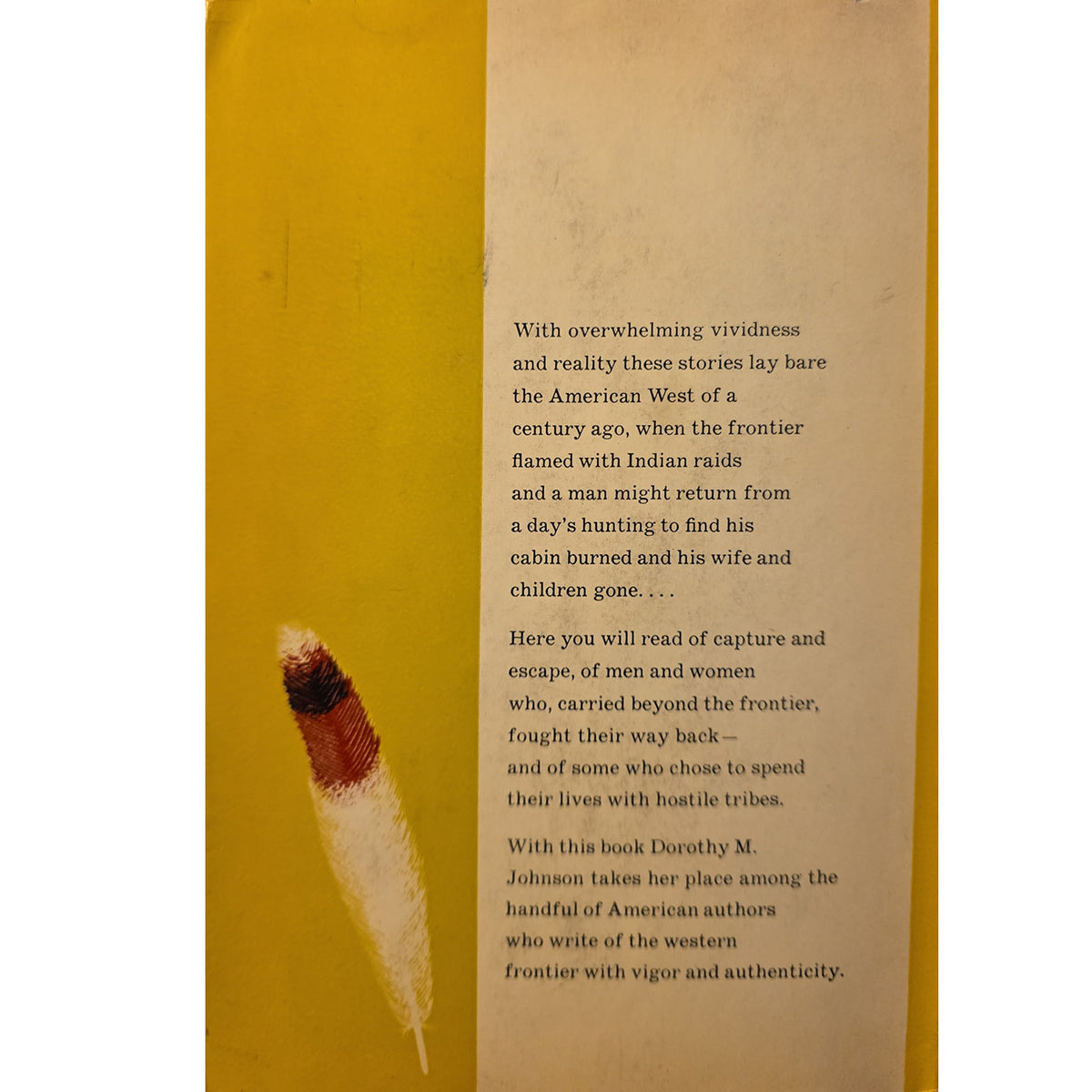 The back cover of a book featuring a mustard yellow background, a white feather illustration on the left, and a beige vertical band containing black text.