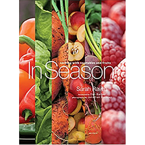 The cover of In Season by Sarah Raven showcases vibrant seasonal fruits and vegetables, emphasizing the book’s focus on fresh, seasonal cooking.