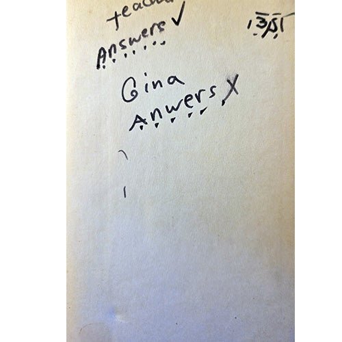 “Inside front cover of Little Old New York by Rida Johnson Young, showing handwritten notes reading ‘teacher answers’ and ‘Gina answers.’