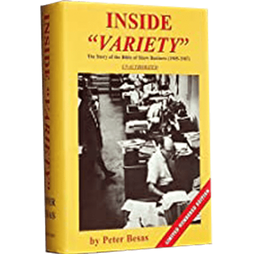 Cover of Inside "Variety", a rare limited edition book on Variety magazine’s history, featuring a striking yellow dust jacket with a black-and-white photo.