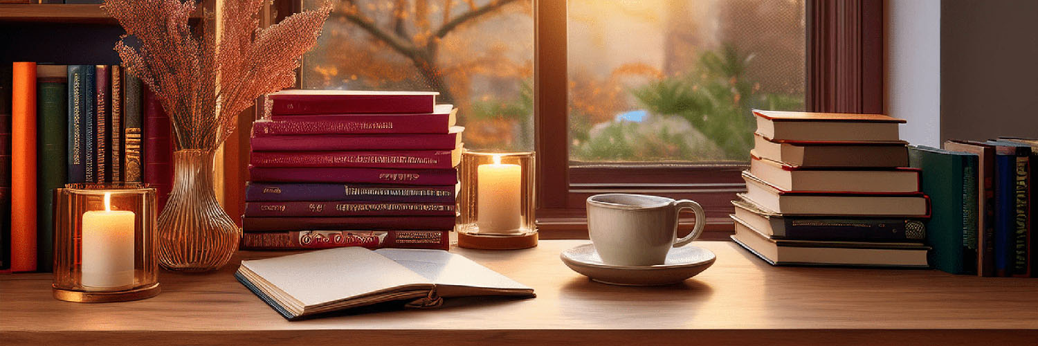 Stack of colorful books, open journal, and warm candlelight by a window — Inspiring Reads collection featuring thoughtful stories and literary discovery.