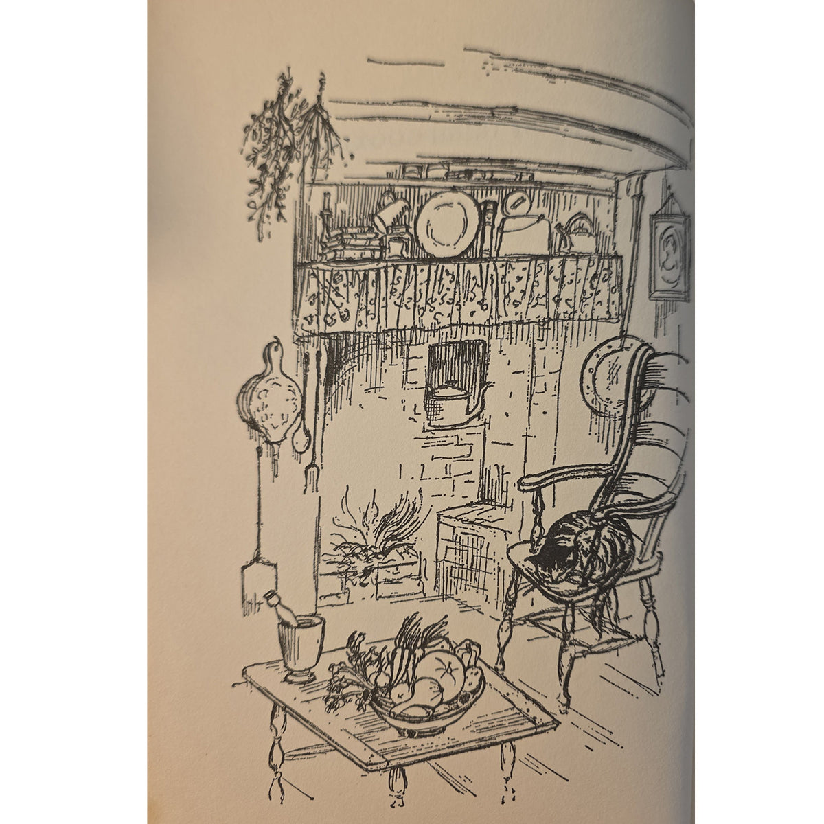 A vintage-style black ink sketch of a cozy interior scene, showing a fireplace with a patterned mantel, a rocking chair, a small table with fruit, and hanging details, rendered on a warm beige background.