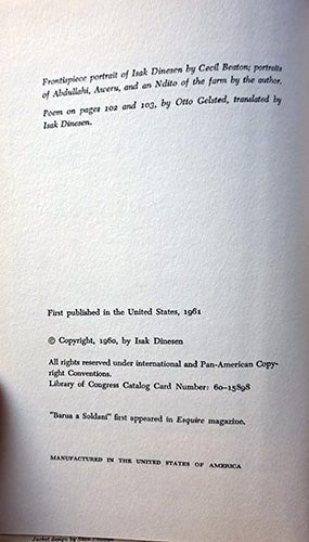 Shadows on the Grass — Isak Dinesen (First American Edition, 1961) – rare, vintage, or collectible item from Deb’s Book Paradise