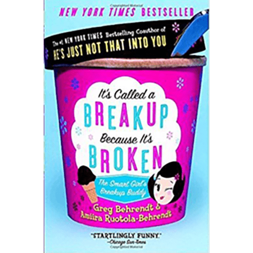 Cover of It’s Called a Breakup Because It’s Broken with a bright pink ice cream pint design and playful illustrations, by Greg and Amiira Behrendt.