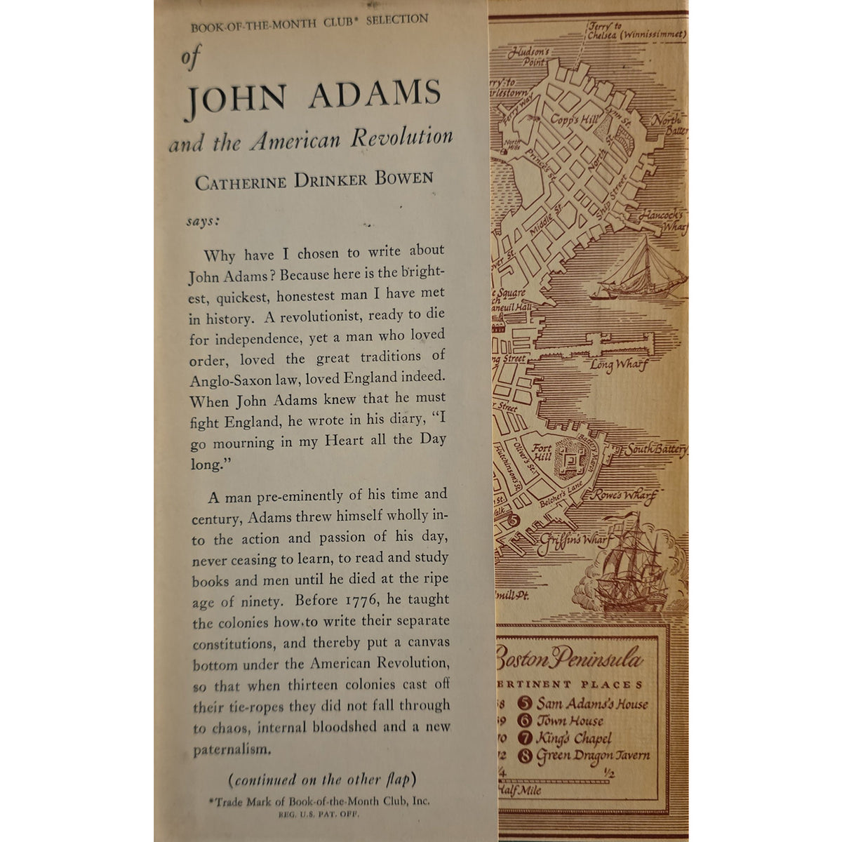 A vintage-style book or book flap featuring an excerpt from 'John Adams and the American Revolution' by Catherine Drinker Bowen, with a sepia map of Boston, Massachusetts, printed on the right side.