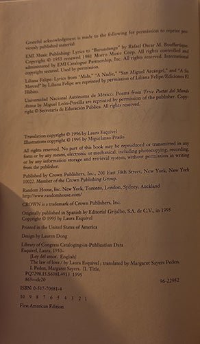 Copyright page of The Law of Love by Laura Esquivel showing publication details and ISBN