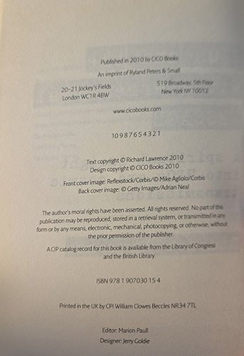 A photographed book cover page showing publication details, publisher text, ISBN, and credits on a white background.