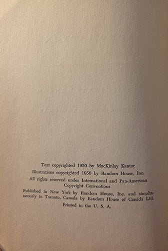 Copyright page of Lee and Grant at Appomattox by MacKinlay Kantor showing 1950 publication details