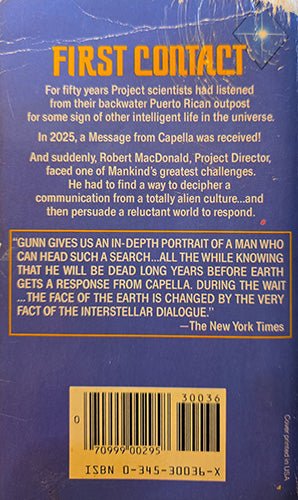The back cover of the book 'First Contact' featuring a dark blue background with orange and white text, a gold barcode box at the bottom, and a New York Times quote box.