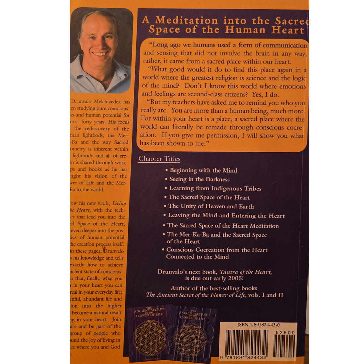 The back cover of the book 'A Meditation into the Sacred Space of the Human Heart' by Dr. Drummond, featuring a dark brown background with white and black text, a small illustration of a woman, and a barcode at the bottom.
