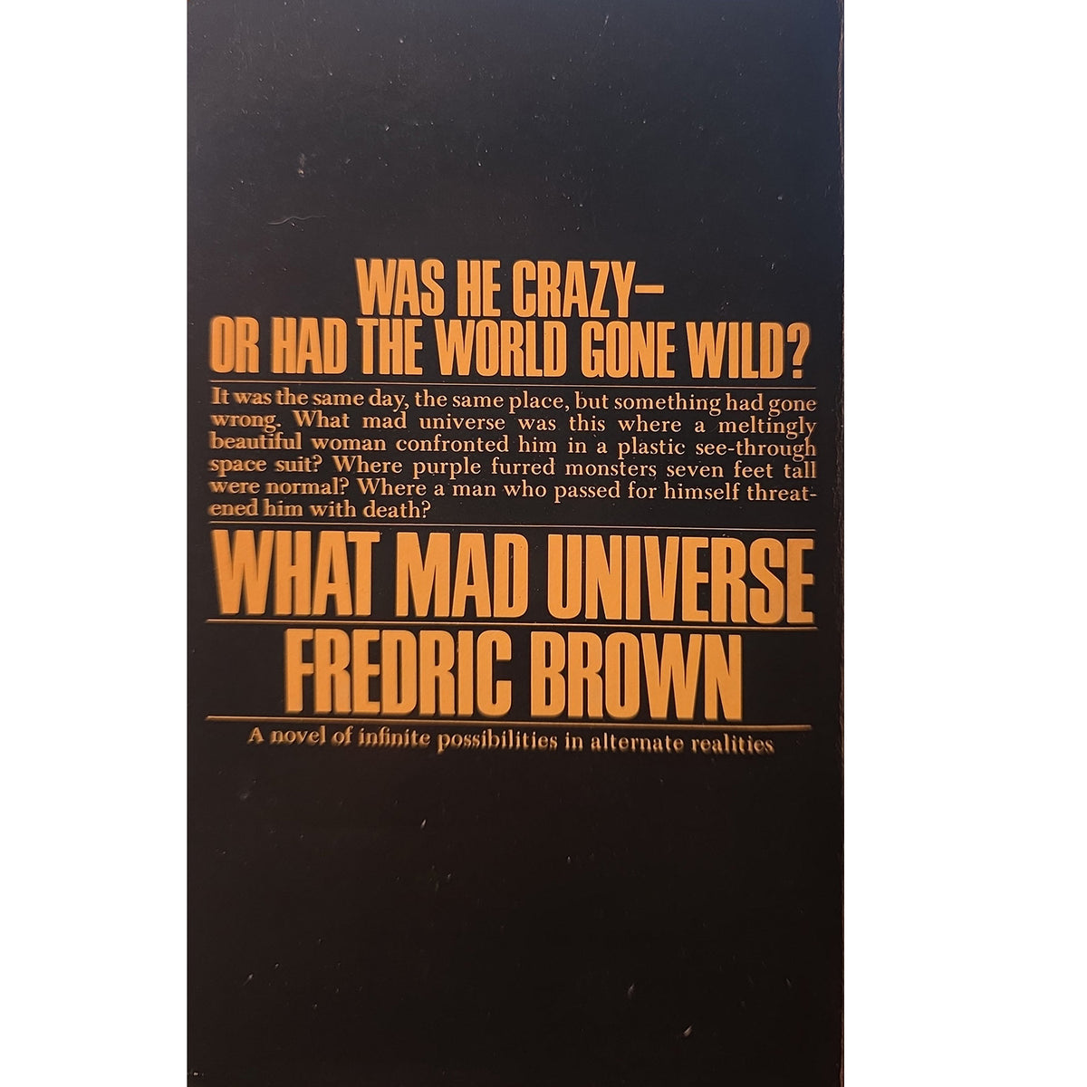 Book cover for 'What Mad Universe Fredric Brown' featuring a black background with orange and white text.