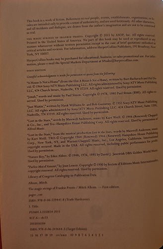 Copyright page of The Magic Strings of Frankie Presto by Mitch Albom showing publication details