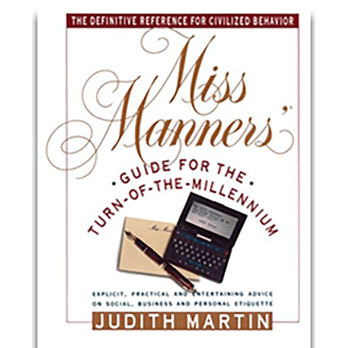 The cover of Miss Manners' Guide for the Turn-Of-The-Millennium features elegant script typography with a pen and electronic organizer.