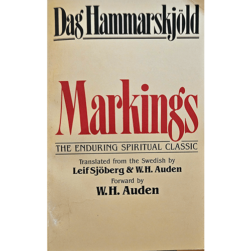 Cover of Markings by Dag Hammarskjöld, beige with bold red title and black typography, featuring translation credit to W.H. Auden and Leif Sjöberg.