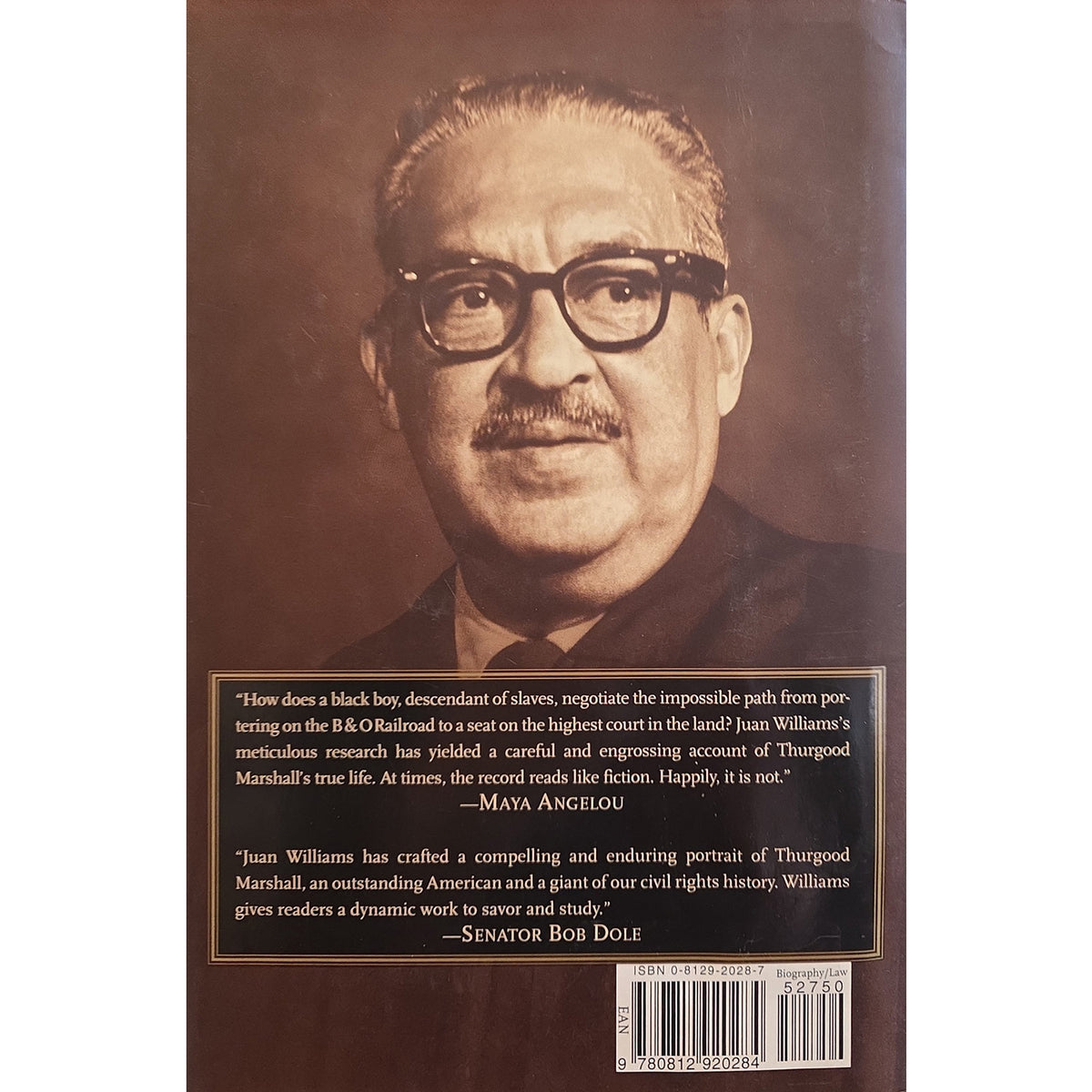 Back covr of thurgood marshall book with his photo.