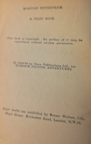 A vintage book cover or title page for 'Martian Enterprise: A Digit Book' with black printed text on aged beige paper. The copyright line references Nova Publications Ltd.