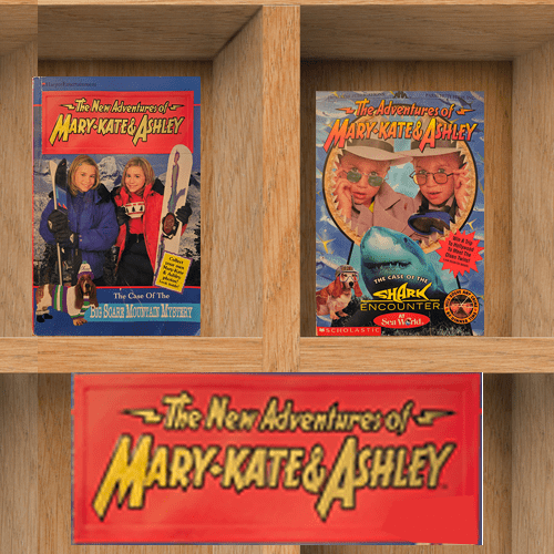 Covers of two Mary-Kate & Ashley mystery books featuring the twins in detective-themed adventures with bright, illustrated titles.