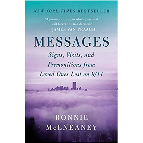 Cover of book Messages wiht blur to purple colors with an image of the twi ntowers.