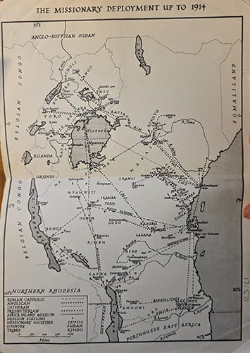 Black-and-white map titled “The Missionary Deployment up to 1914,” showing missionary locations across East Africa.