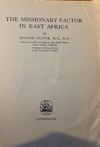 Title page of The Missionary Factor in East Africa by Roland Oliver, published by Longmans.