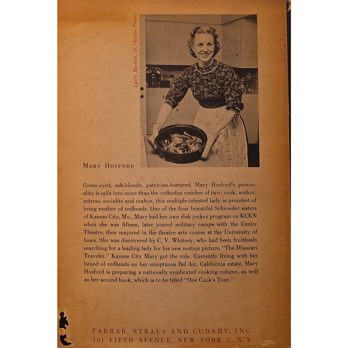 A vintage illustrated book or magazine back cover featuring a portrait of Mary Hosford at the top and a biographical text block below, printed on aged tan paper with black text and a small black decorative mark near the bottom left.