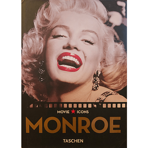 Cover of Movie Icons: Monroe featuring Marilyn Monroe in glamorous black-and-white with red lipstick, smiling brightly. TASCHEN hardcover edition.