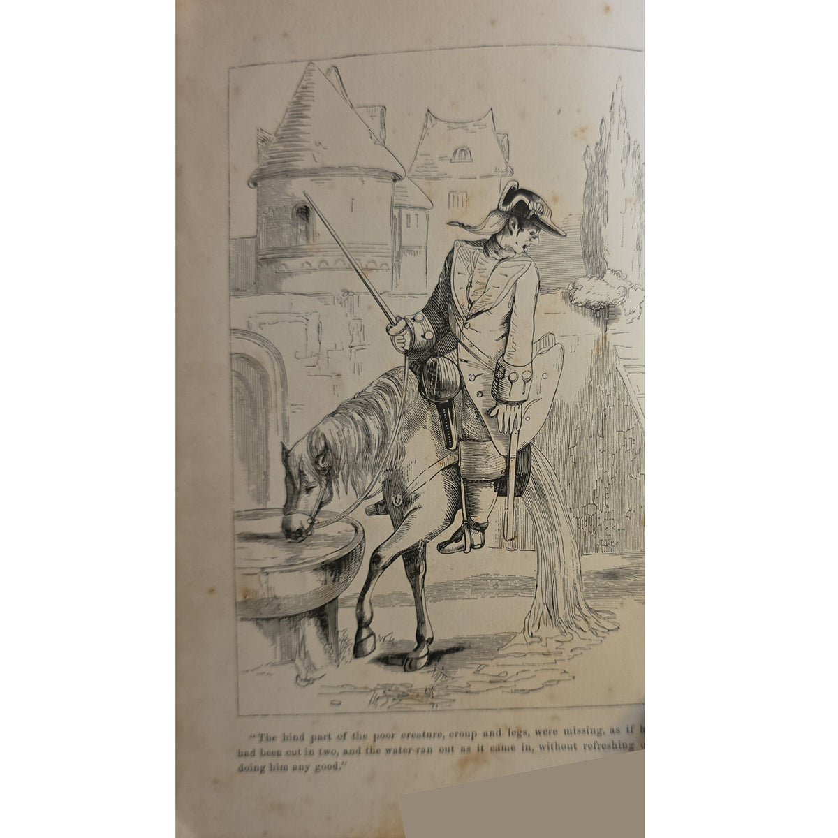 A vintage black ink illustration printed on aged beige paper, depicting a man in historical clothing riding a horse near a stone structure and water trough, with a caption at the bottom.