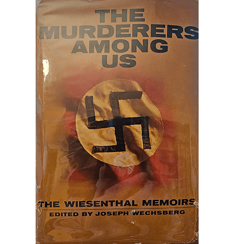 Cover of The Murderers Among Us by Simon Wiesenthal, 1967. Features a Nazi armband against an orange background. Brodart-protected dust jacket.