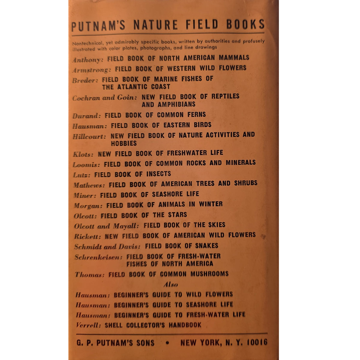 Back cover of a book titled 'Putnam's Nature Field Books' showing a list of included field guides on a tan background with black text.