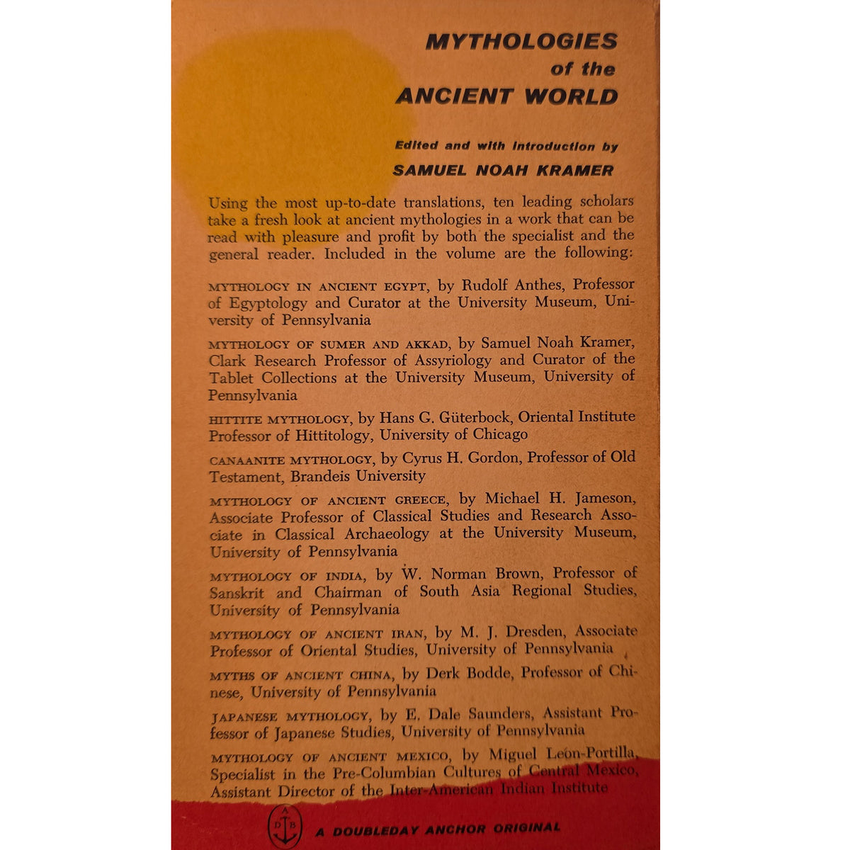 The back cover of the book 'Mythologies of the Ancient World' edited by Samuel Noah Kramer, featuring a warm orange-brown background with black text and a small publisher logo at the bottom.