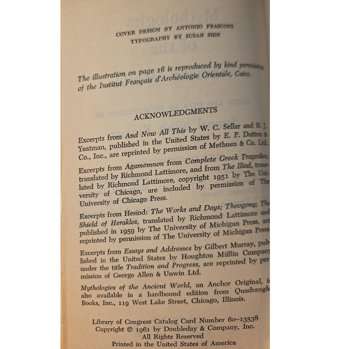 A scanned printed page with black text on an off-white paper background, including cover design credits, acknowledgments, and copyright information.