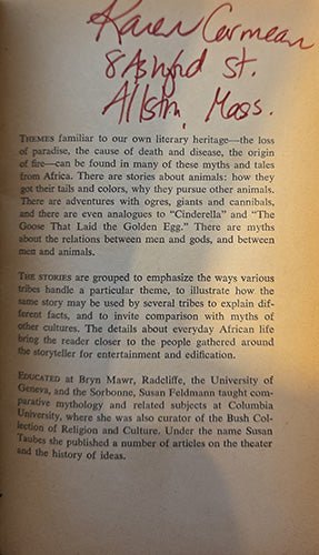 Ownership inscription of Karen Carmean in African Myths & Tales from the Thomas Doane Perry Collection.