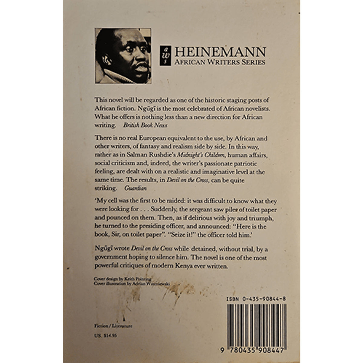 The back cover of a book titled 'Deil in the Grass' by Heinemann African Writers Series, featuring a beige background with black text, a small black-and-white illustration, and a barcode at the bottom.