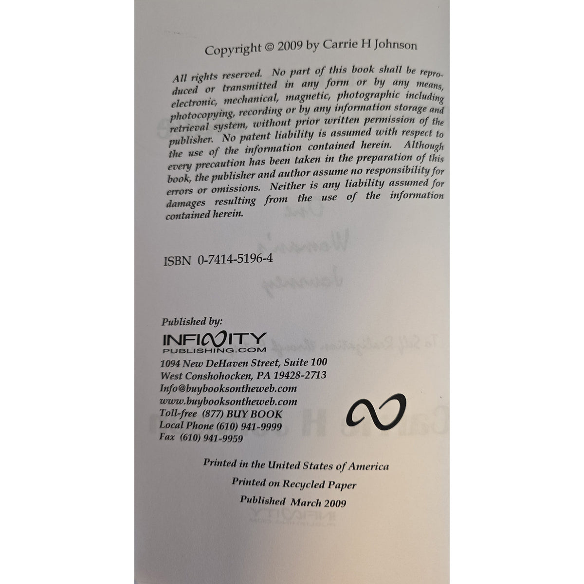 Copyright page identifying Infinity Publishing and the March 2009 publication of From the Pits to the Palace.