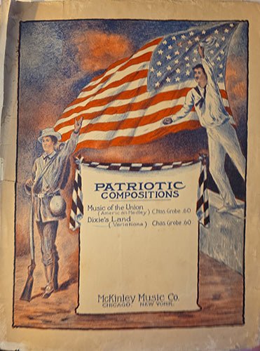 Front cover of vintage patriotic sheet music showing American flag, Union soldier imagery, and illustrated patriotic scene