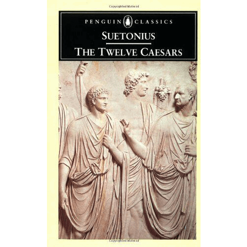 1977 Penguin Classics cover of The Twelve Caesars by Suetonius, featuring Roman marble relief sculpture of emperors in togas.