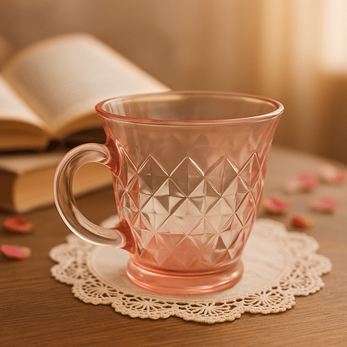 Pink glass mug with diamond pattern on a wooden surface with a book and rose petals.