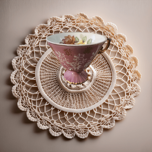 Pink teacup with floral design on a lace doily against a beige background