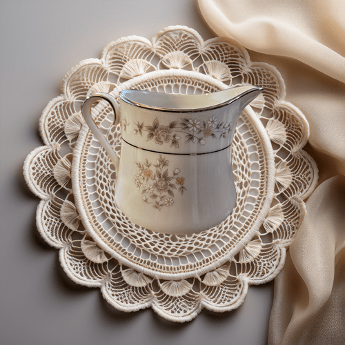 White ceramic creamer with floral design on a lace doily