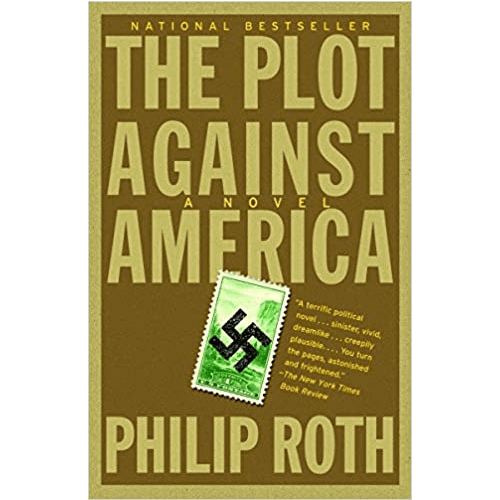 The cover features a vintage U.S. postage stamp overlaid with a swastika, symbolizing the novel's exploration of fascism in America.