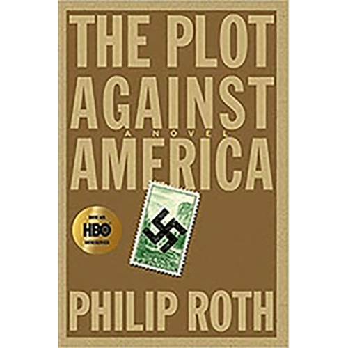 Cover of Plot Against America with brown background and gold lettering and a stamp .