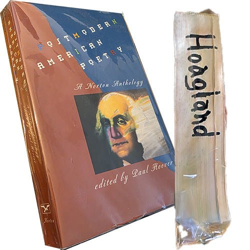 Spine and page edge of Postmodern American Poetry: A Norton Anthology showing professor’s name written on the book edge.