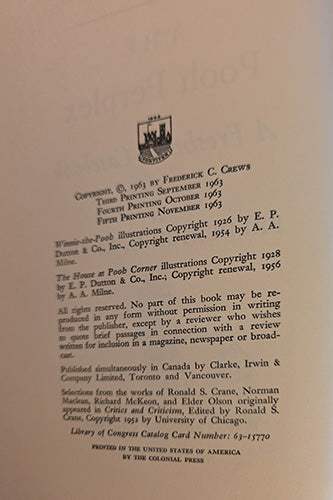 A close-up of a vintage book's printed copyright page, showing black text on aged beige paper with a small publisher logo at the top.