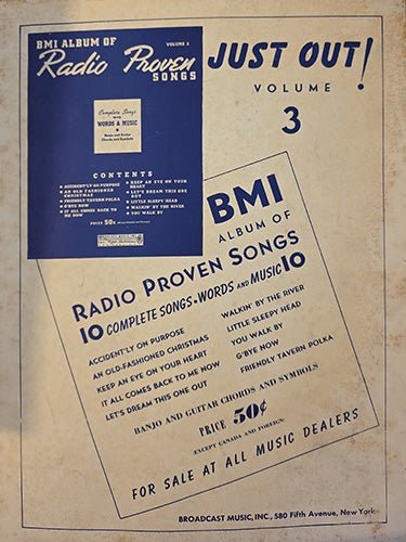 Back cover of mid-20th-century sheet music showing BMI Album of Radio Proven Songs promotional advertisement